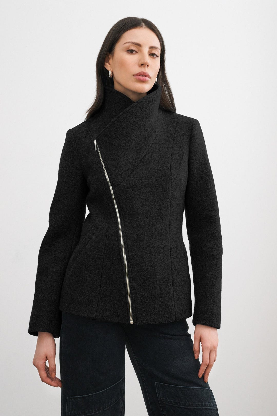 かわいい新作 Coat, Wool Jacket, Wool Black High Winter Jacket, Collar ジャケット・アウター
