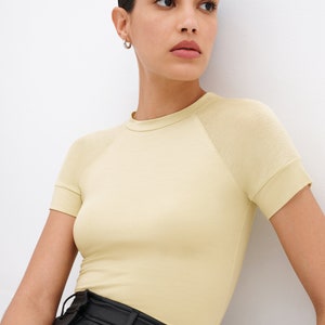 Light Yellow Sheer Sleeve Tee, Short Sleeved Top, Fitted Baby Tee, Sheer Paneled Top, Fitted T-Shirt, Harling Tee, Marcella MB2092 image 2