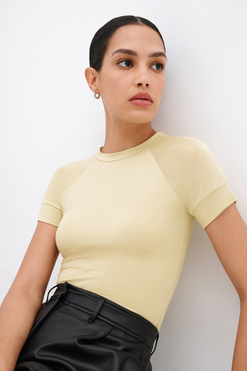 Light Yellow Sheer Sleeve Tee, Short Sleeved Top, Fitted Baby Tee, Sheer Paneled Top, Fitted T-Shirt, Harling Tee, Marcella MB2092 image 2