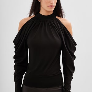 Black Cold Shoulder Blouse, Black Cutout Top, Long Sleeve Top, Fitted Top, Puff Sleeve Top, Perry Cold Shoulder Top, Marcella MB1962 image 6