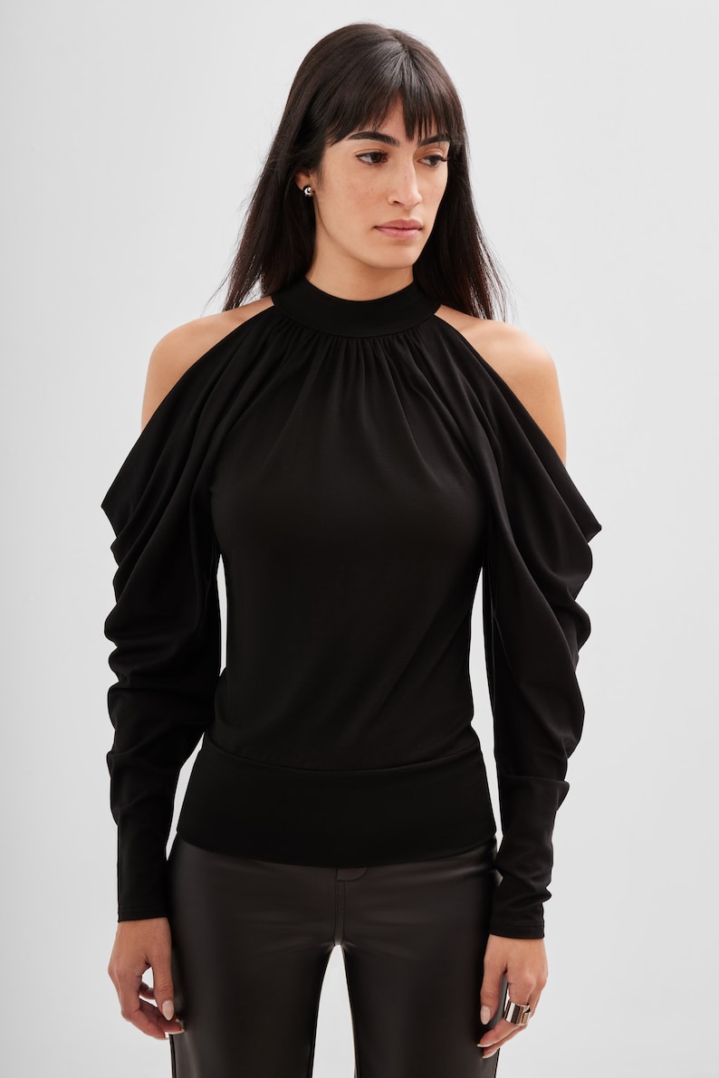 Black Cold Shoulder Blouse, Black Cutout Top, Long Sleeve Top, Fitted Top, Puff Sleeve Top, Perry Cold Shoulder Top, Marcella MB1962 image 6