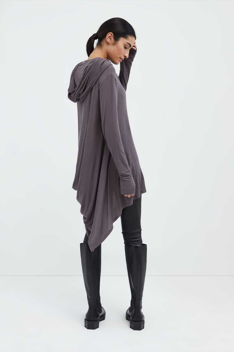 NEW Oversized Draped Tunic Asymmetrical Hem Hoodie Comfy Anthracite 12-B