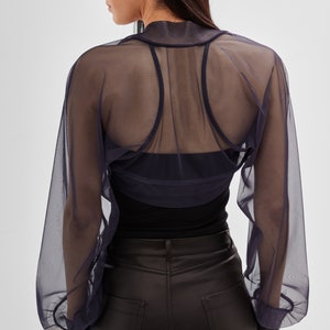 Black Mesh Cocktail Shrug, See Through Bolero, Puff Sleeve Mesh Shrug, Mesh Cover Up, Black Tulle Bolero, Olympia Bolero, Marcella MC1489 Indigo 77-J