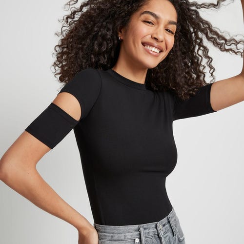 Cut Out Sleeve Top, Fitted Tee, Crew Neck Blouse, Short Sleeve Fitted Top, Slit Sleeve Top, Cocktail Blouse, Esme Blouse, Marcella - MB1443