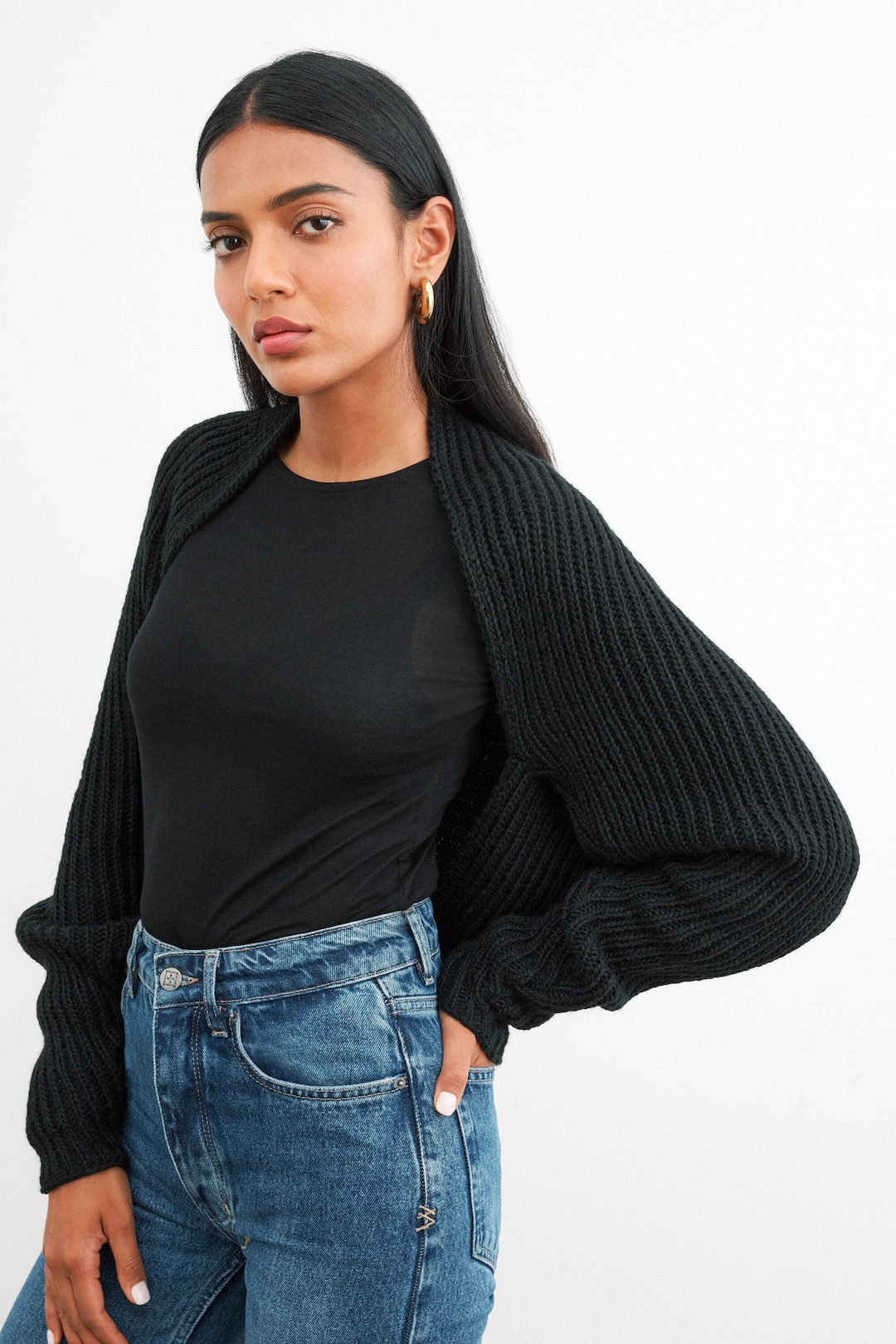 Trendy Balloon Sleeve Button Front Openwork Marl Knit Cardigan