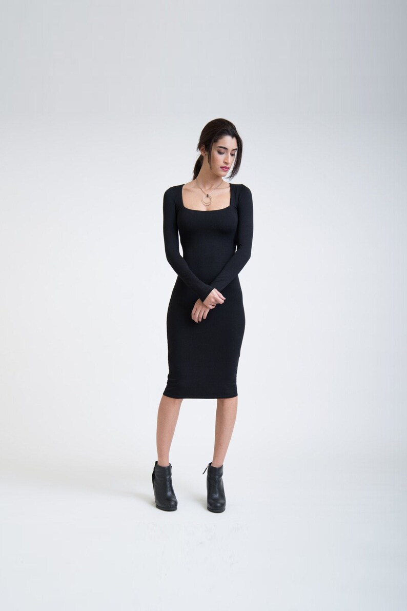 Low Cut Dress Fitted Midi Dress Wiggle Dress Black Tight | Etsy