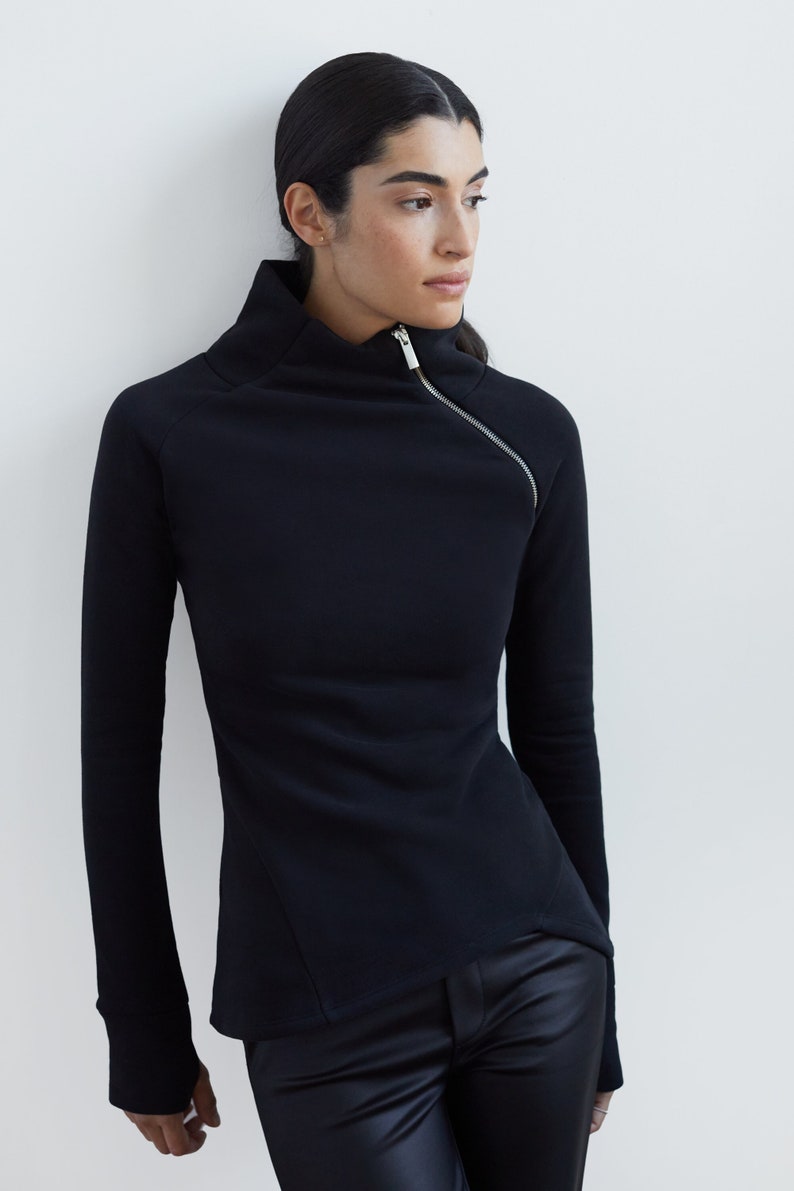 Zip Up Sweatshirt, Black Quarter Zip Top, Zipper Sweatshirt, Zip Up Top, Asymmetrical Zipper Top, Brie Sweatshirt, Marcella MB0968 Black 01-D