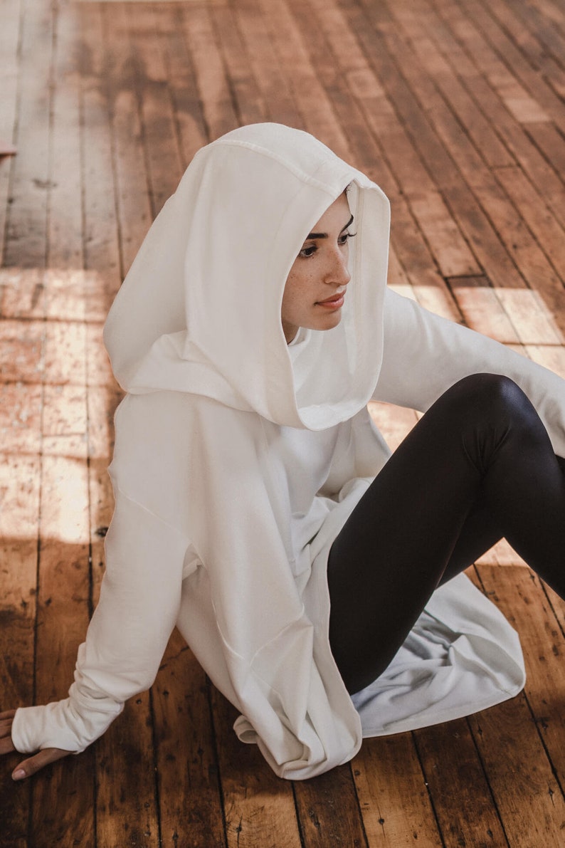 Oversized Hoodie Tunic, Asymmetrical Hem Sweatshirt, Comfortable Cowl Neck Top, Hooded Sweatshirt, Firenze Sweatshirt, Marcella MB1471 Off White E-03