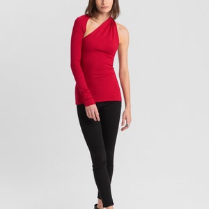 One Shoulder Top, Asymmetrical One Sleeve Top, Open Back Wrap Top, One Shoulder Blouse, Manhattan One Shoulder Top, Marcella MB0001 Red 20-C