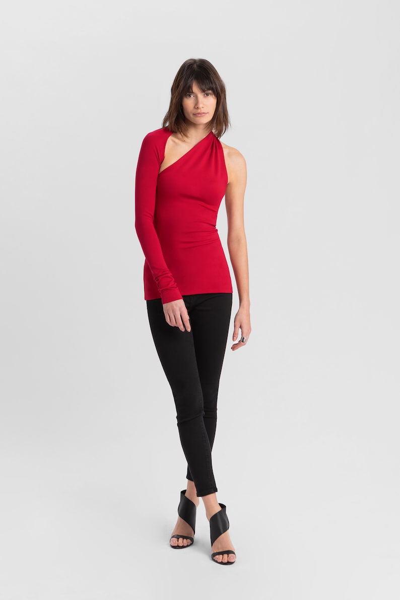 One Shoulder Top, Asymmetrical One Sleeve Top, Open Back Wrap Top, One Shoulder Blouse, Manhattan One Shoulder Top, Marcella MB0001 Red 20-C