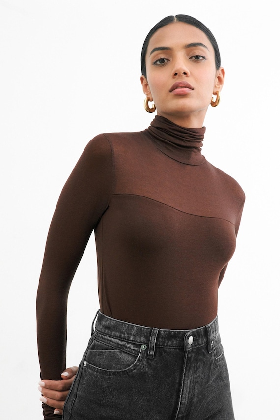 High Neck Long Sleeve Top, Brown Fitted Turtleneck Top