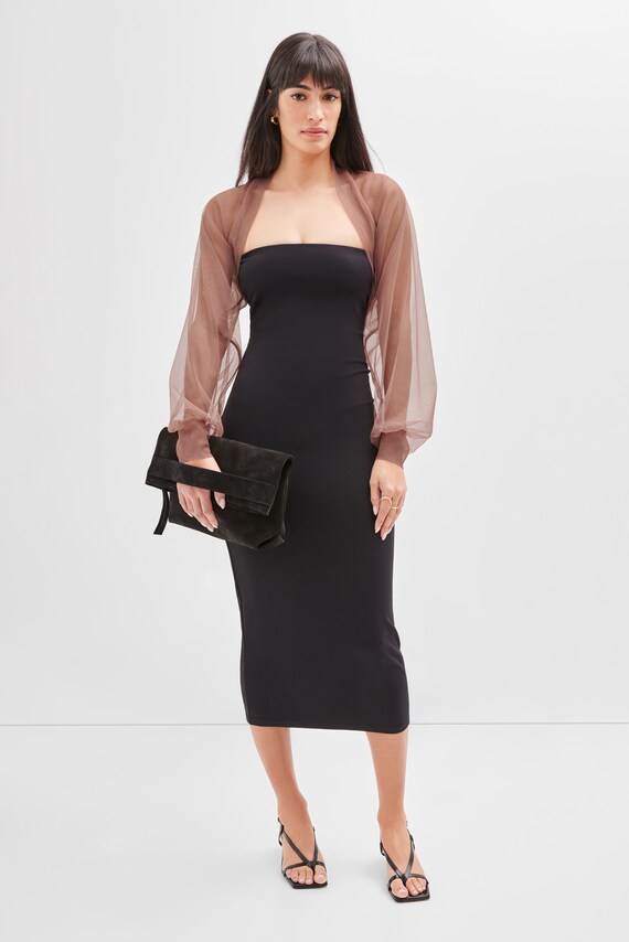 Brown Mesh Cocktail Shrug, See Through Bolero, Tan Puff Sleeve