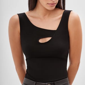 Asymmetric Cutout Top, Black Strappy Summer Top, Unique