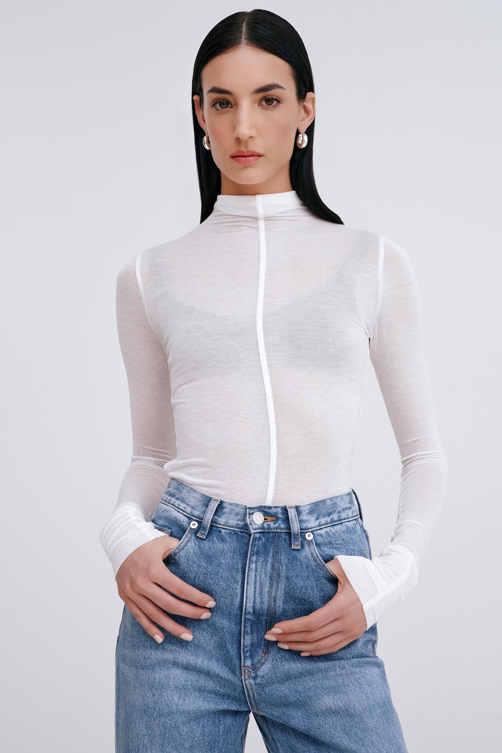 Long Sleeves, Alicia Sheer Turtleneck,Off White Sheer Fitted Turtleneck Top, Marcella - Mb2404, Fitted Long Sleeve Tee Printfushion