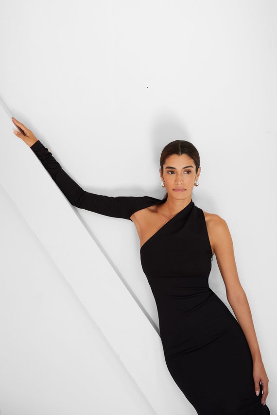 Open Back Dress Elegant Black Dress Asymmetrical Dress One Shoulder Pencil Dress Manhattan One Shoulder Midi Dress Marcella MD0003 Etsy
