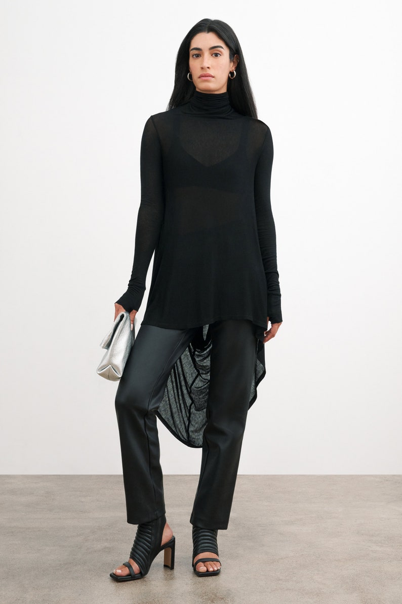 Sheer Black Asymmetric Tunic, Long Sleeve Tunic Top, Black Turtleneck Tunic, Draped High Low Tunic, Marlowe Tunic, Marcella MB2086 image 2