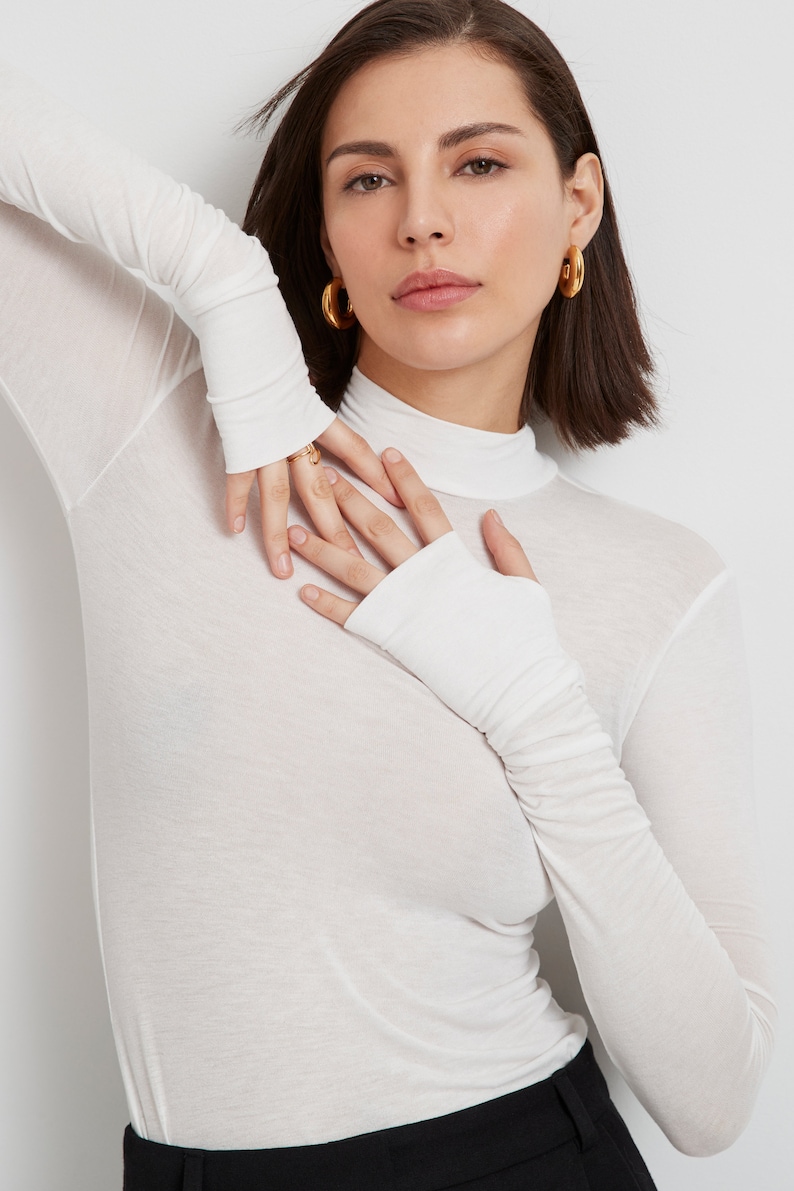 White Fitted Mock Neck Top with Thumbholes, High Neck Top, Long Sleeve Top, Fitted Long Sleeve Tee, Sheer Addy Top, Marcella MB1874 image 4