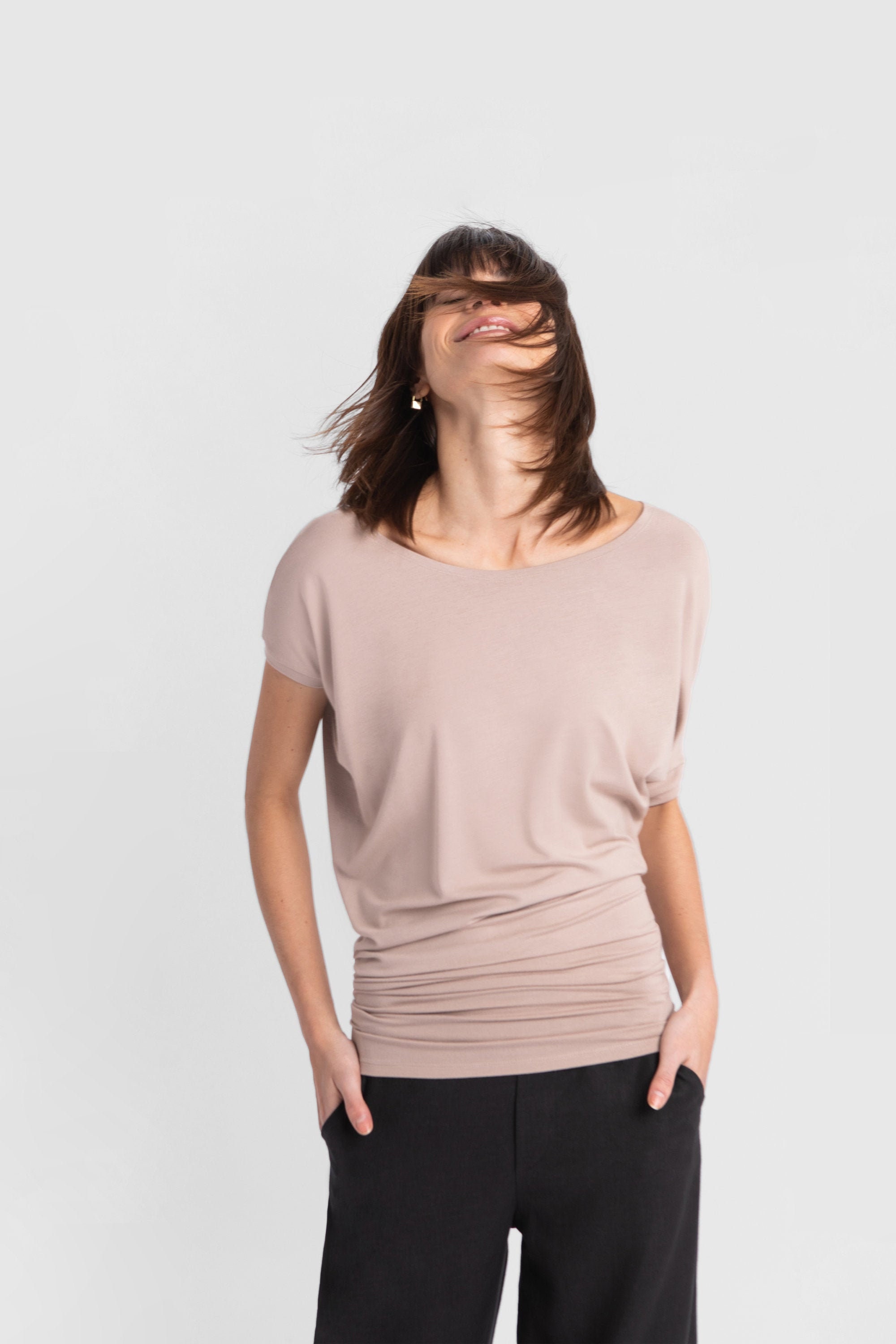 Asymmetric Batwing Shirt, Scoop Neck Blouse, Minimalist Blouse, Styli…