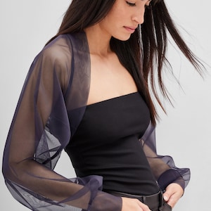 Bolero da cocktail in maglia blu scuro trasparente, bolero in maglia con maniche a sbuffo, bolero in tulle da sposa, bolero Olympia, Marcella - MC1489