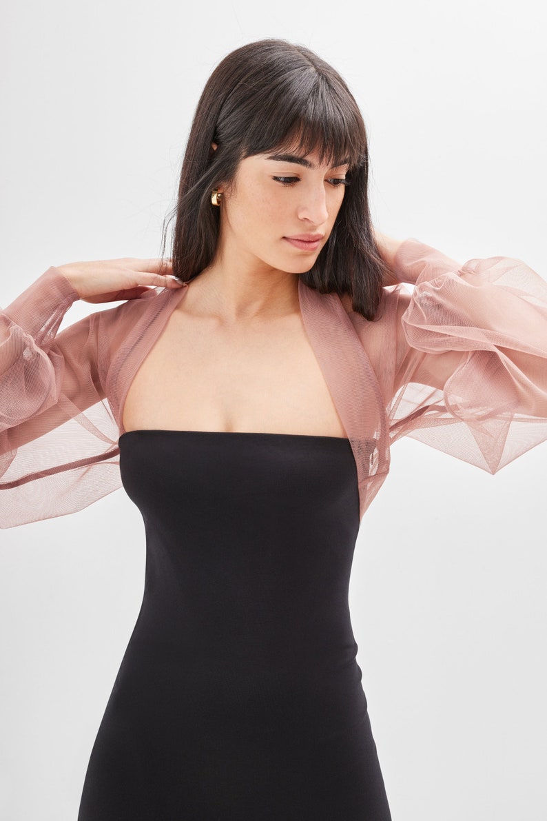 Dark Blue Mesh Cocktail Shrug See Through Bolero, Puff Sleeve Mesh Shrug, Wedding Tulle Bolero, Olympia Bolero, Marcella MC1489 Dusty Pink 115-J