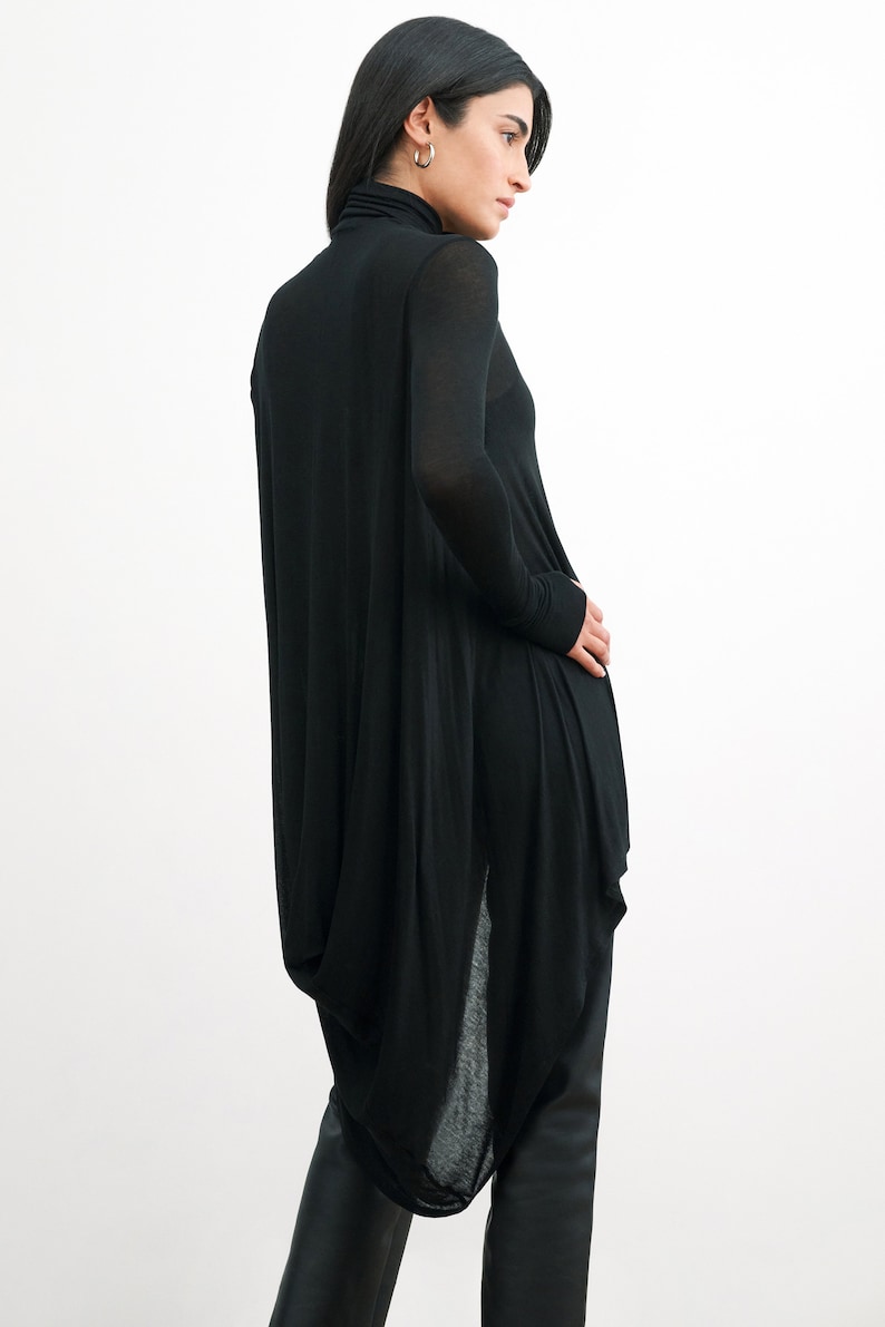 Sheer Black Asymmetric Tunic, Long Sleeve Tunic Top, Black Turtleneck Tunic, Draped High Low Tunic, Marlowe Tunic, Marcella MB2086 image 3