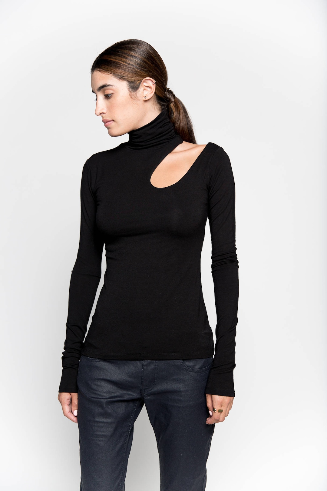 High-neck Blouse, Cut-out Mock Neck Top, Fitted Turtleneck Long Sleeve ...