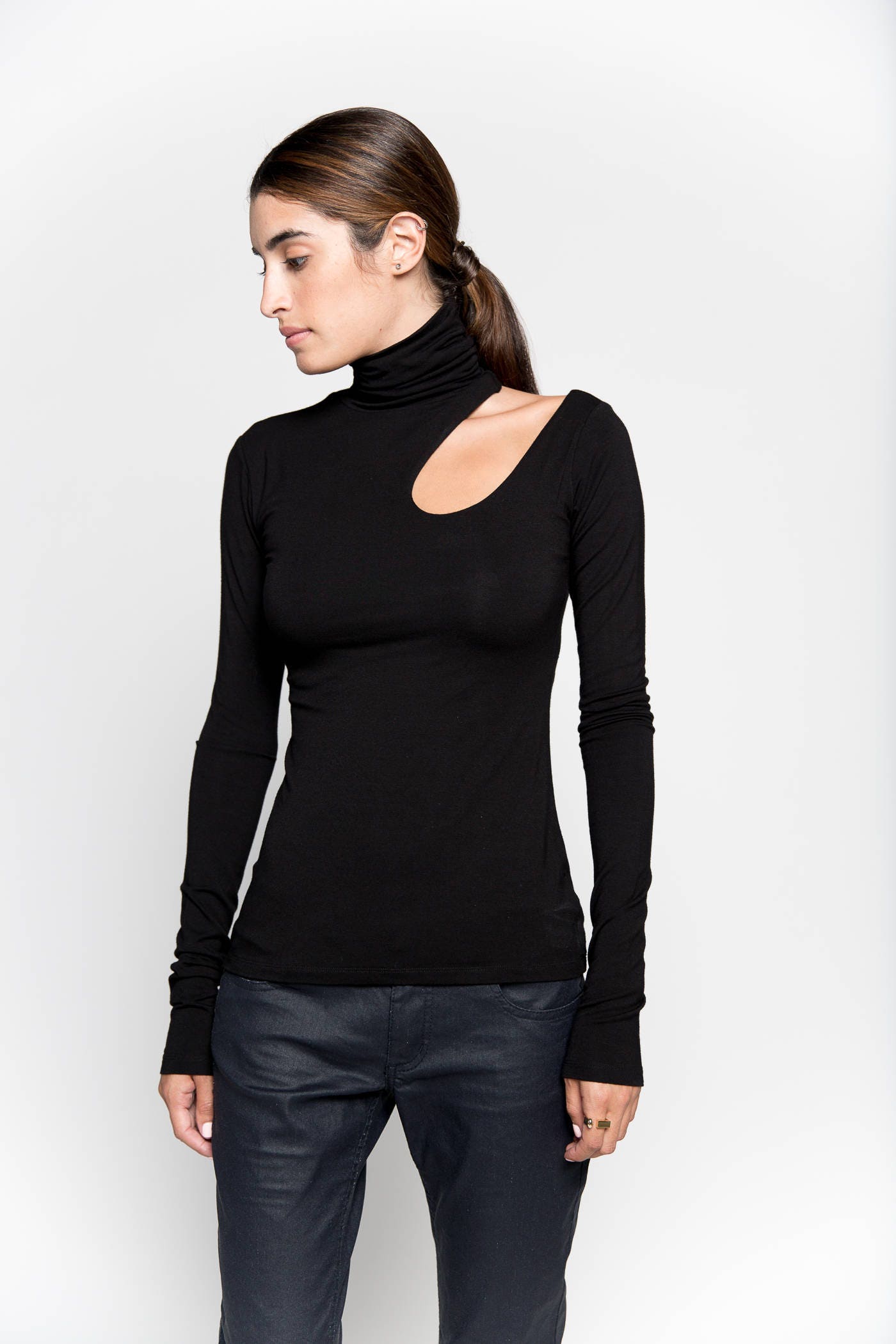 High-neck Blouse, Cut-out Mock Neck Top, Fitted Turtleneck Long Sleeve Top,  Asymmetrical Cold Shoulder Top, Allegra Top, Marcella MB0863 