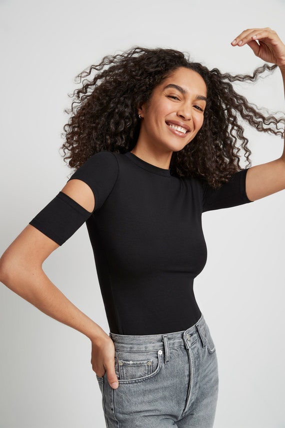 Cut Out Sleeve Top Fitted Tee Crew Neck Blouse Short Sleeve