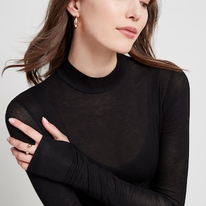 White Fitted Mock Neck Top with Thumbholes, High Neck Top, Long Sleeve Top, Fitted Long Sleeve Tee, Sheer Addy Top, Marcella MB1874 Black 01-B
