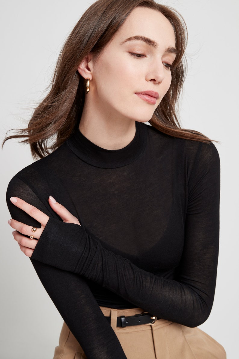 White Fitted Mock Neck Top with Thumbholes, High Neck Top, Long Sleeve Top, Fitted Long Sleeve Tee, Sheer Addy Top, Marcella MB1874 Black 01-B