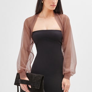 Rosa Mesh Cocktail Shrug, Durchsichtig Bolero, Rosa Puffärmel Mesh Shrug, Hochzeit Tüll Bolero, Olympia Bolero, Marcella MC1489 Rose Brown 147-J