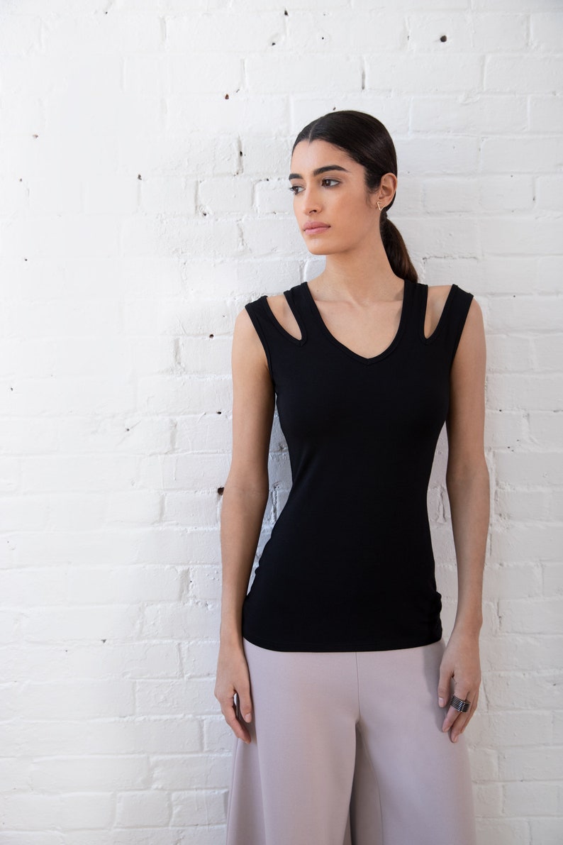 NEW Cut-Out Tank Top Shoulder Cut Out Top Summer Top Black Tank Top Fitted Top Sleeveless Designer Top Marcellamoda MB1280