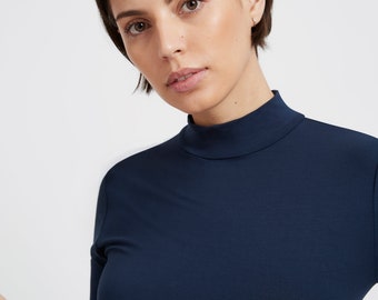 Mid Sleeve Fitted Blouse, Turtleneck Top, 3/4 Sleeve Blouse, Body-con Clothing, Revealing Shirt, Ana Mock Neck Top, Marcella - MB1261
