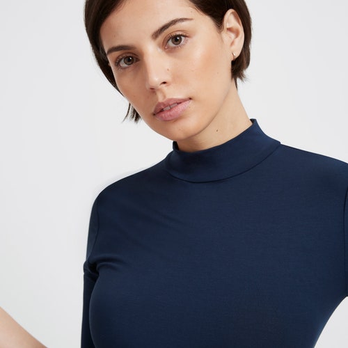 Mid Sleeve Fitted Blouse Turtleneck Top 