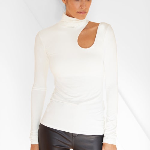 High-Neck Blouse, Cut-Out Mock Neck Top, Fitted Turtleneck Long Sleeve Top, Asymmetrical Cold Shoulder Top, Allegra Top, Marcella orders - MB0863