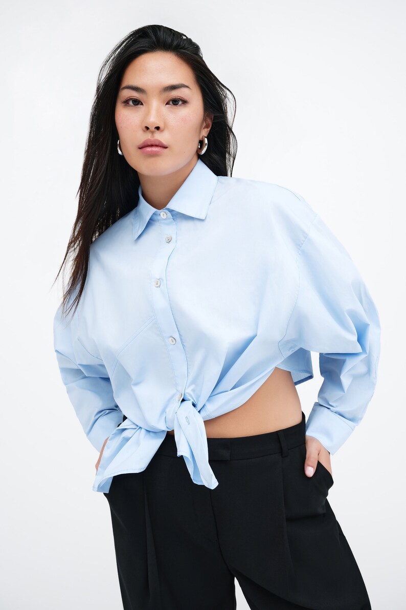 NEW White Oversized Button Up Shirt, Boyfriend Shirt, Collared Button Down Top, Cotton Shirt, Workwear, Ezra Shirt, Marcella MB2315 Light Blue 171-H