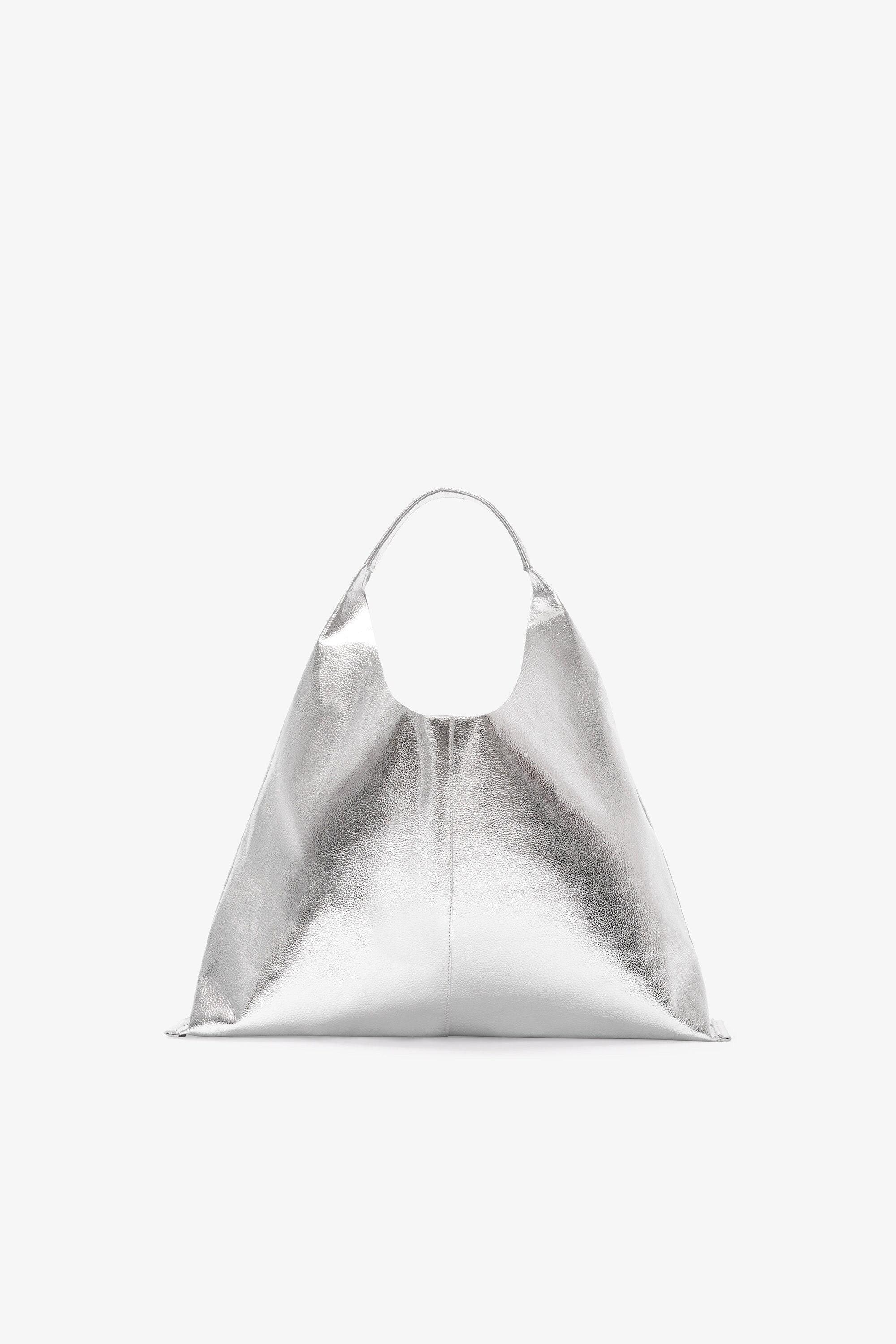 Metallic Silver Shoulder Bag, Genuine Leather Handbag, Top