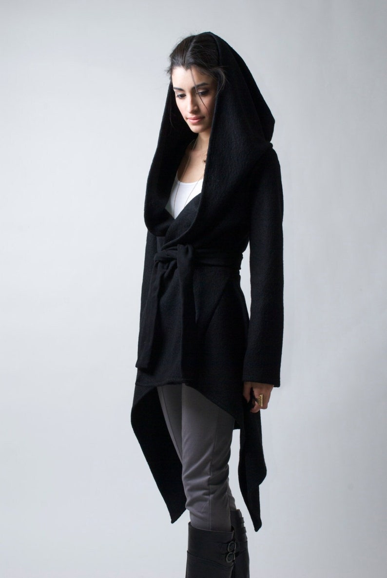FINAL SALE Black Coat with Hood, Hoodie Cardigan, Sweater Hoodie, Black Wool Blend Jacket, Belted Jacket, Shiloh Jacket, Marcella - MC0075