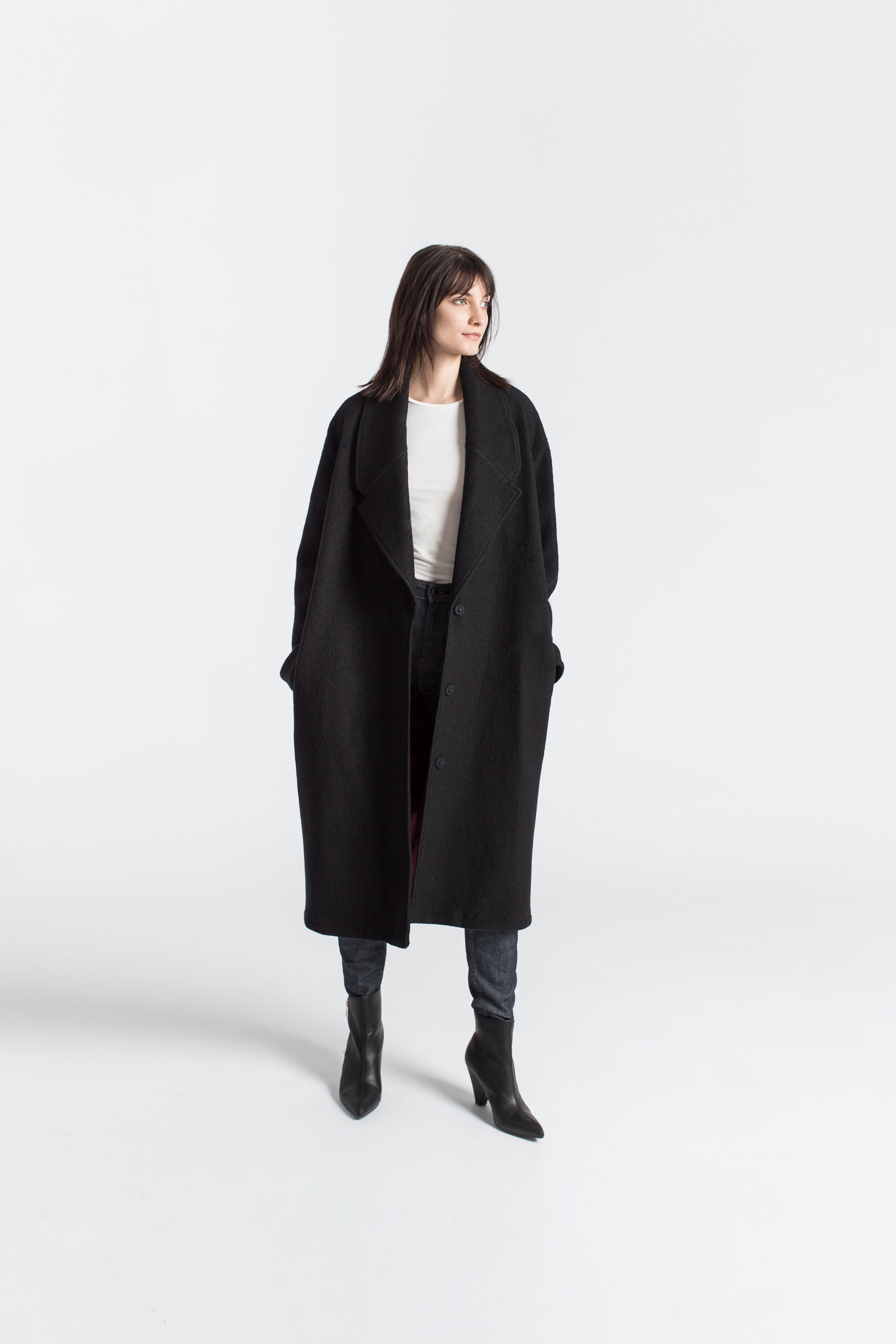 Long Black Wool Coat, Elegant Wool Jacket, Collared Coat, Warm