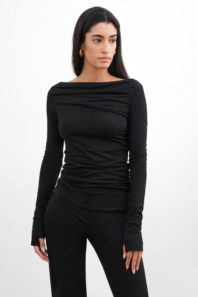 Black Fitted Long Sleeve Top, Women's Shirt, Stretchy Fitted Top, Boatneck Blouse, Off Shoulder Top, Cooper Top, Marcella MB2140 image 2