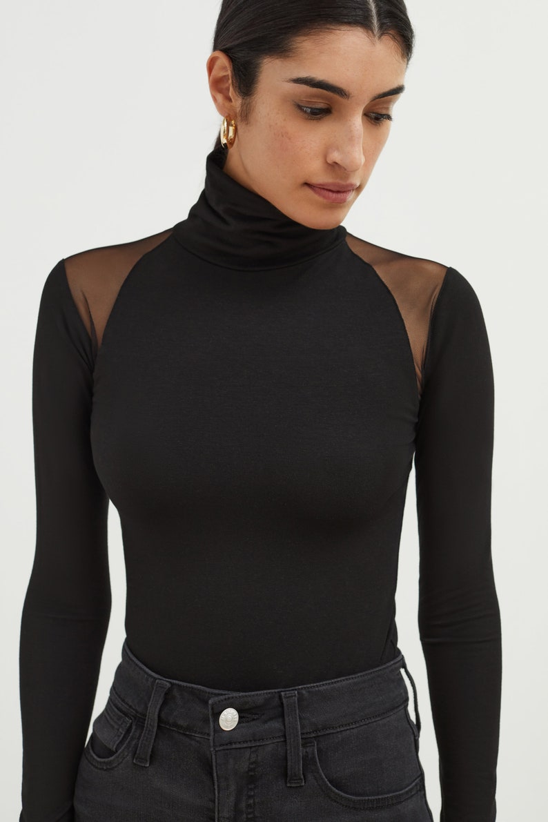 Long Sleeve Top, Mesh Cutout Shirt, Cocktail Top, Dressy Blouse, Black Dressy Top, Turtleneck, Maria Top, Marcella MB0966 image 2