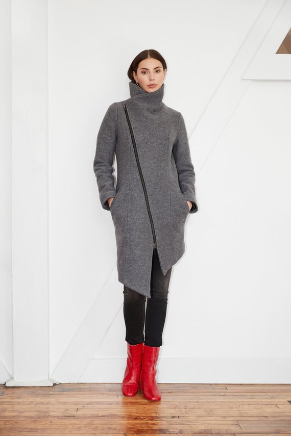 Asymmetrical Jacket, Wool Coat, High Collar Coat, Winter Coat With Pockets,  Asymmetrical Wool Coat, Maren Wool Jacket, Marcella MC0720 