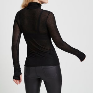 Sheer Fitted Turtleneck Top with Thumbholes, Long Sleeves, Fitted Long Sleeve Tee, Eloise Sheer Turtleneck Top, Marcella MB1735 image 3