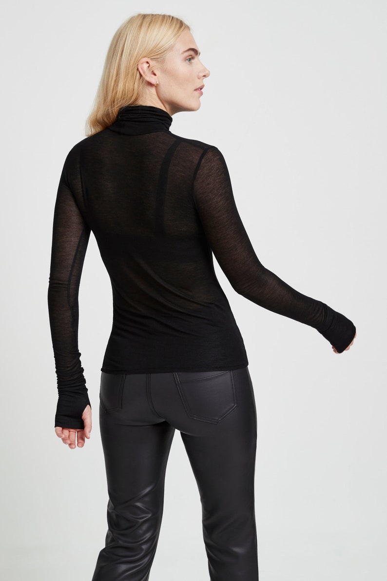 Sheer Fitted Turtleneck Top with Thumbholes, Long Sleeves, Fitted Long Sleeve Tee, Eloise Sheer Turtleneck Top, Marcella MB1735 image 3