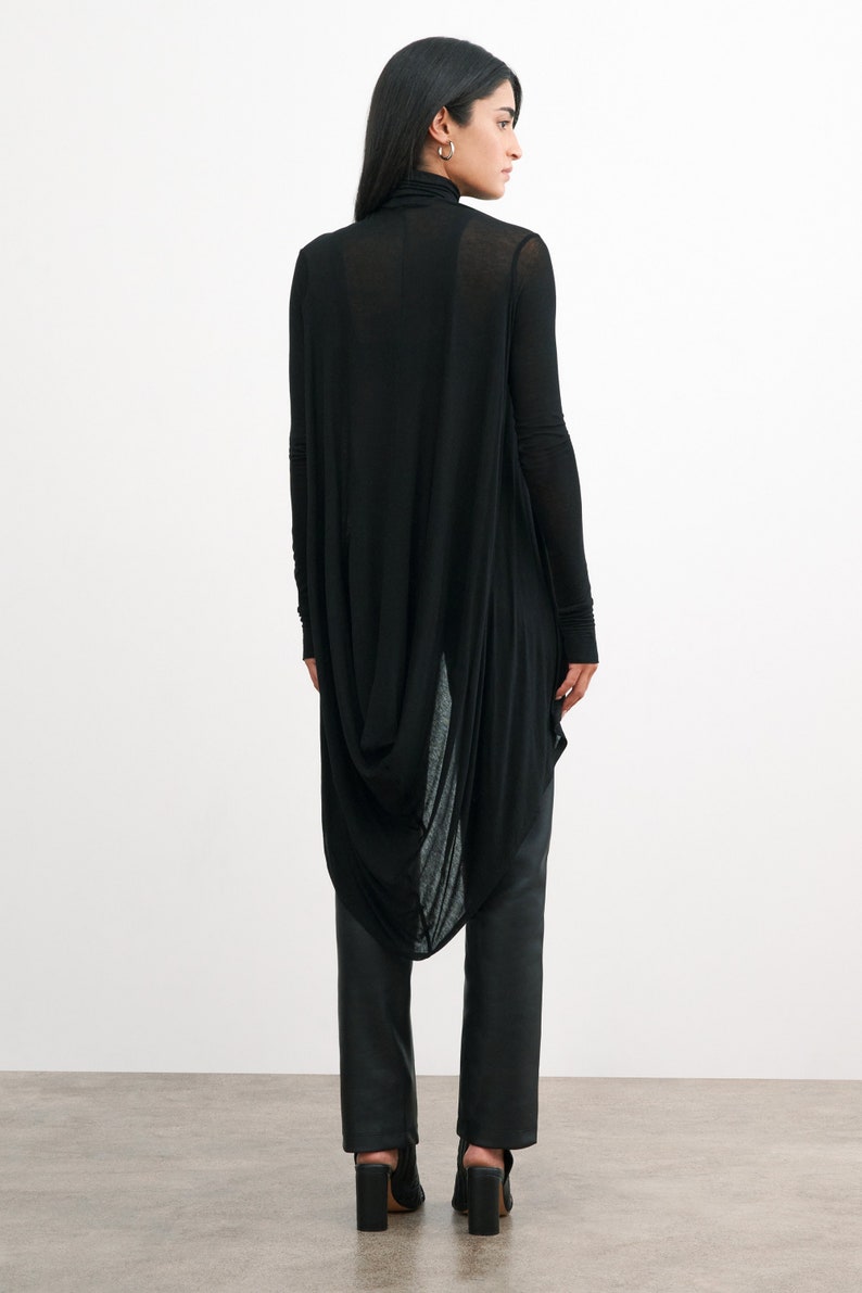 Sheer Black Asymmetric Tunic, Long Sleeve Tunic Top, Black Turtleneck Tunic, Draped High Low Tunic, Marlowe Tunic, Marcella MB2086 image 1