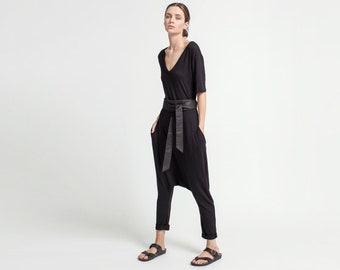 FINAL SALE Jumpsuit, Women Harem Pants, Black Asymmetric Romper, Extravagant Jumpsuit, Fayme Jumpsuit, Marcella - MP0376