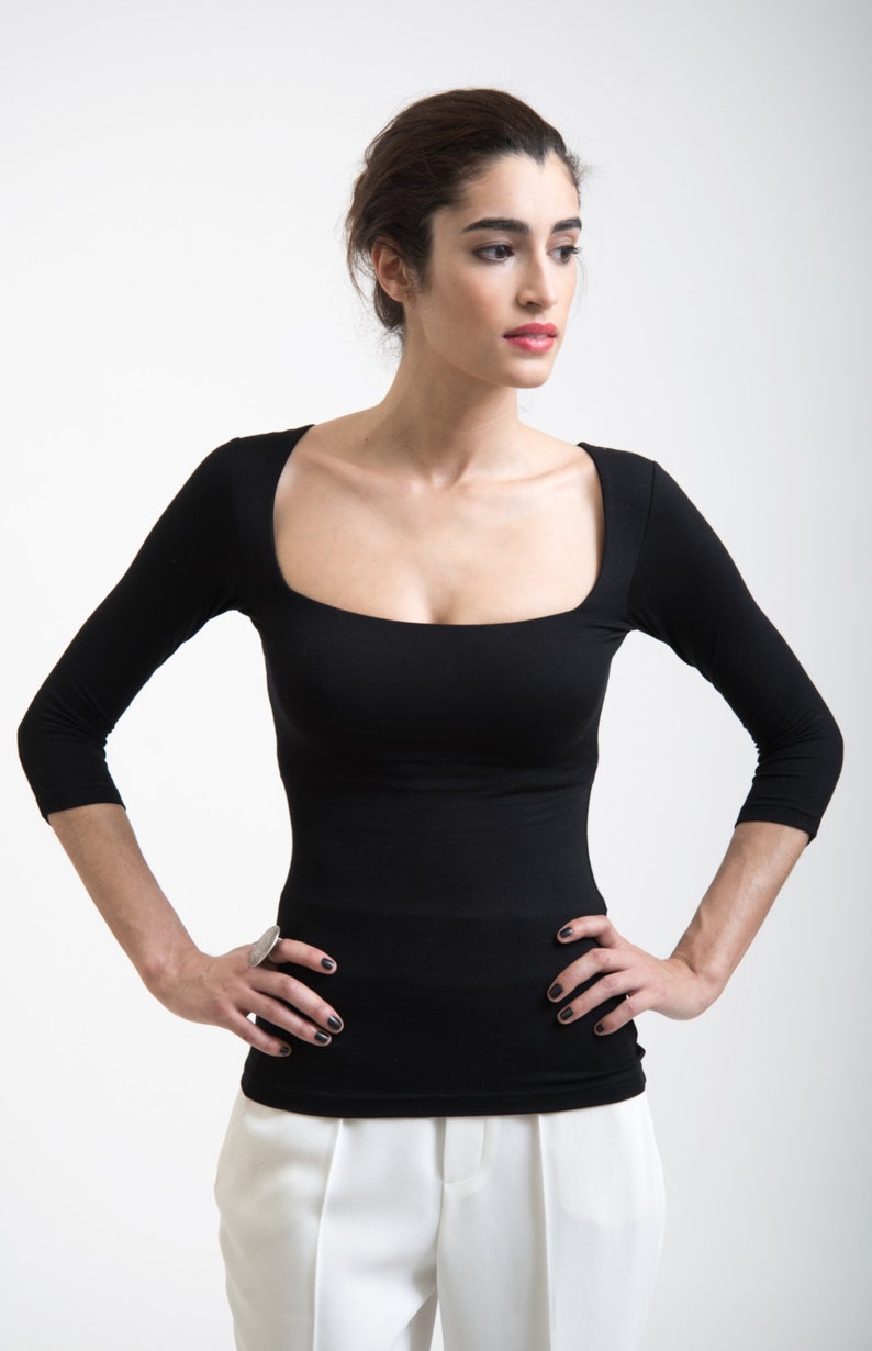 Square Neckline Party Blouse Black Top Stylish Shirt Mid | Etsy