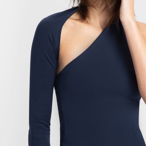 One Shoulder Top, Asymmetrical One Sleeve Top, Open Back Wrap Top, One Shoulder Blouse, Manhattan One Shoulder Top, Marcella MB0001 Dark Blue 10-C