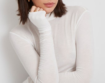 White Fitted Mock Neck Top with Thumbholes, High Neck Top, Long Sleeve Top, Fitted Long Sleeve Tee, Sheer Addy Top, Marcella - MB1874