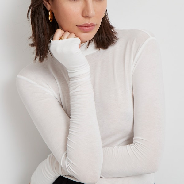 White Fitted Mock Neck Top with Thumbholes, High Neck Top, Long Sleeve Top, Fitted Long Sleeve Tee, Sheer Addy Top, Marcella - MB1874